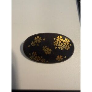 Vintage Amita Japan Damascene Cherry Blossom Oval Brooch‎ Pin Gold Silver Inlay